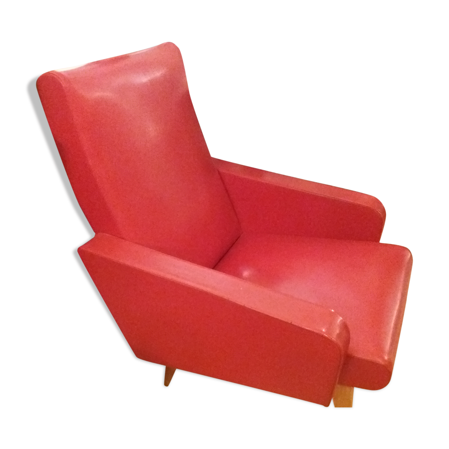 Armchair in red imitation leather with splayed legs, circa 1950