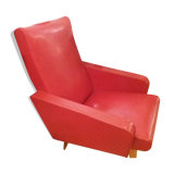 Armchair in red leatherette and feet compass around 1950