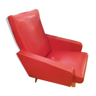 Armchair in red leatherette and feet compass around 1950