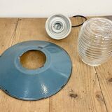 Industrial porcelain blue enamel pendant light with ribbed clear glass, 1970s