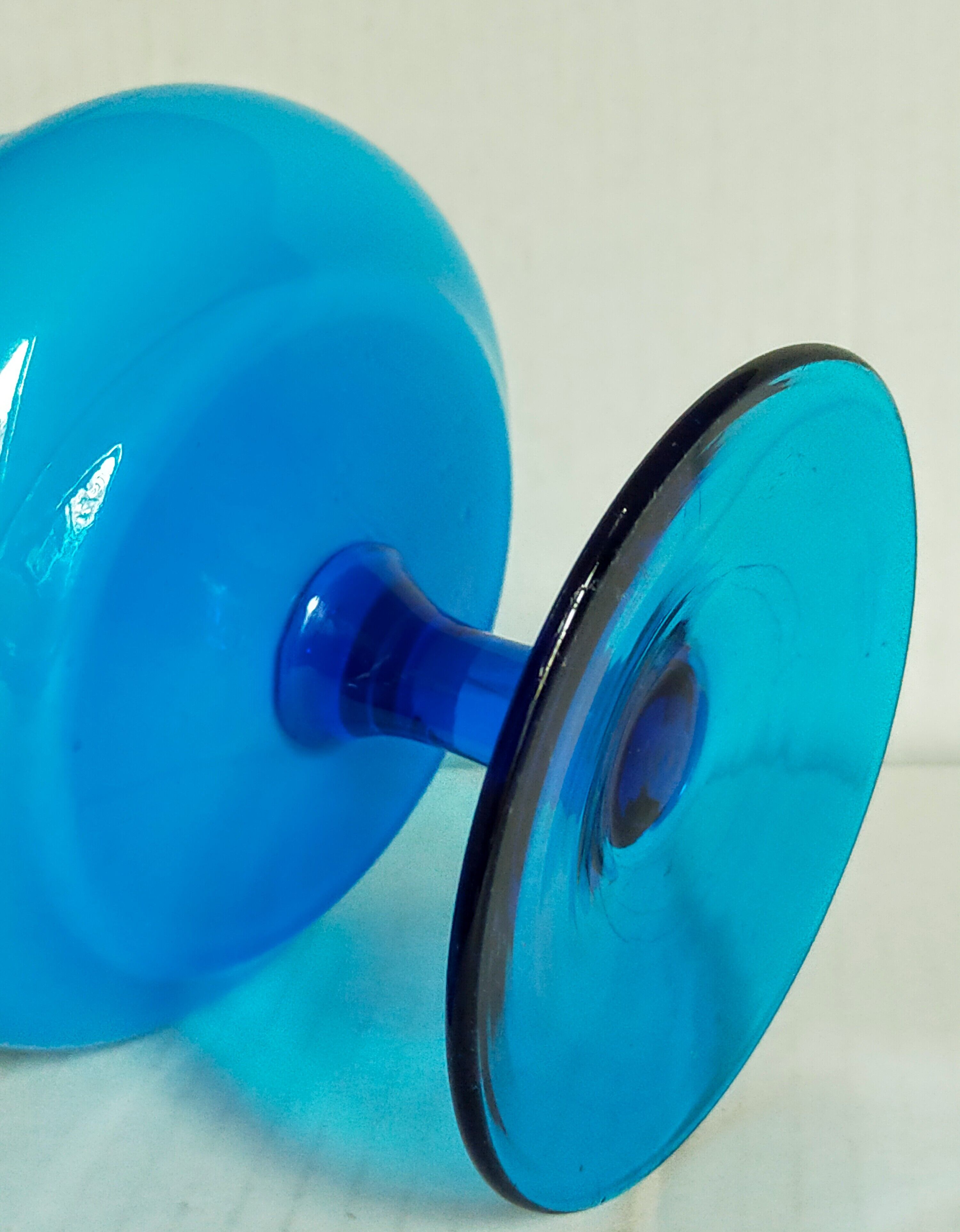 Covered pot on foot in vintage blue opaline