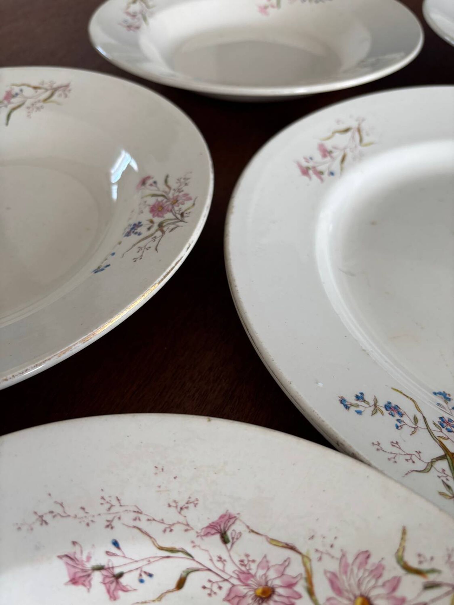 Ensemble de 6 assiettes creuses et 1 plat en terre de fer polychrome Choisy-le-Roi