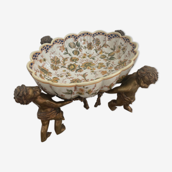 Antique, Earthenware cup, bronze, floral decoration, cherub, putti, crown, royal stamp, XIXth