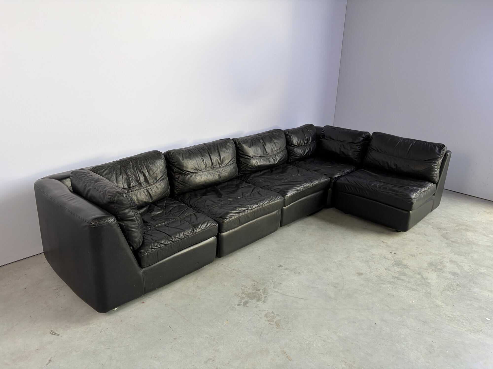 Vintage black leather modular sofa, 1970s