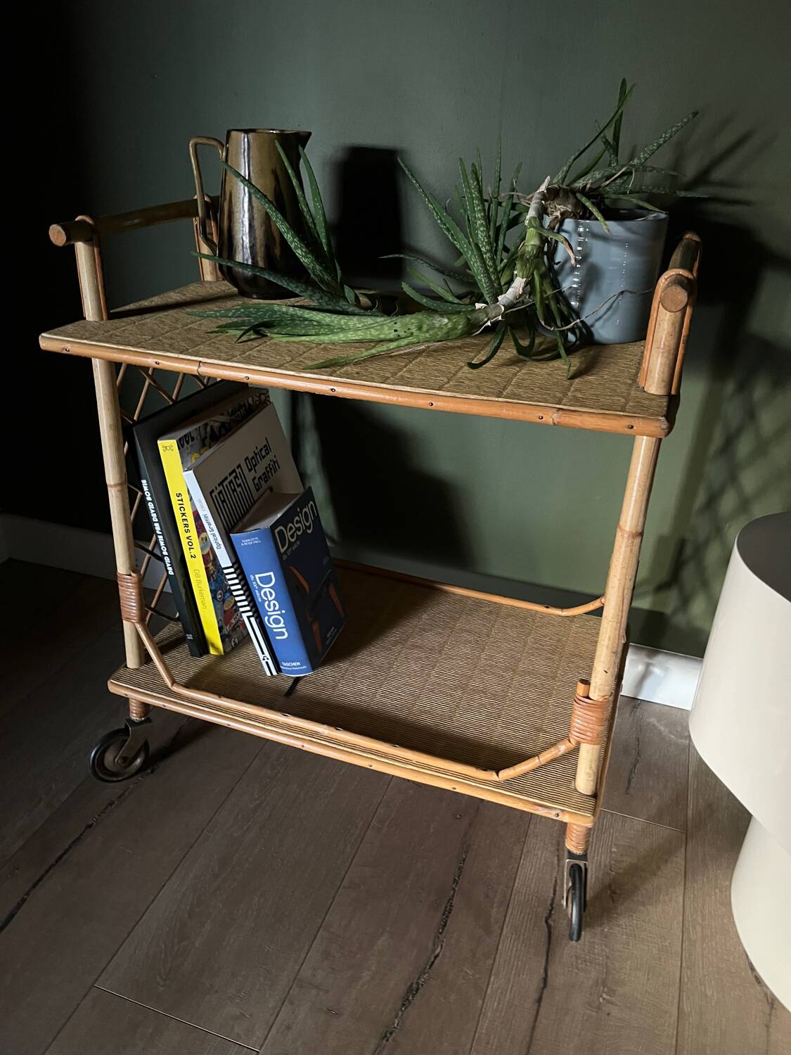 Rolling side table, serving cart, vintage rattan and wicker 60.