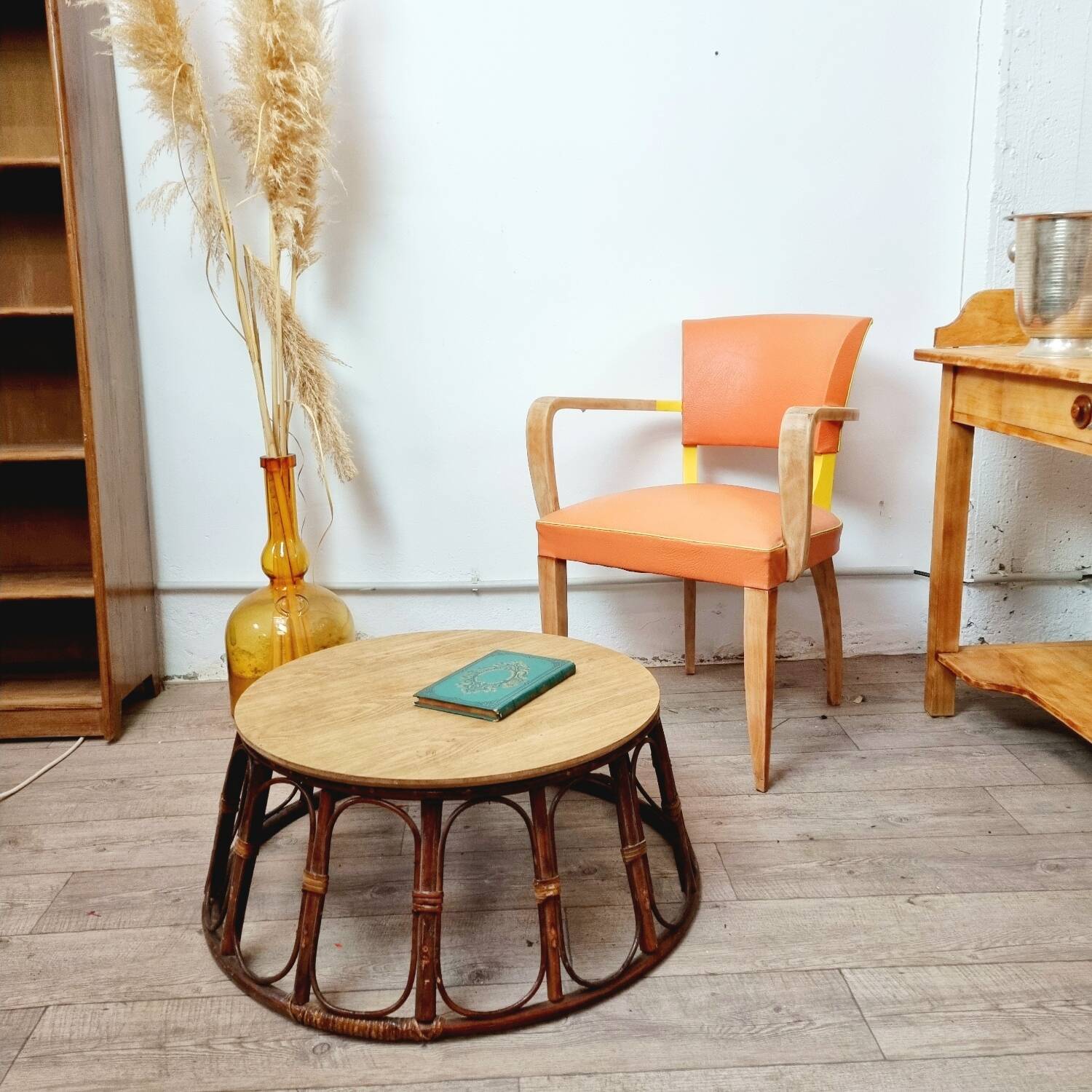 Rattan and oak coffee table