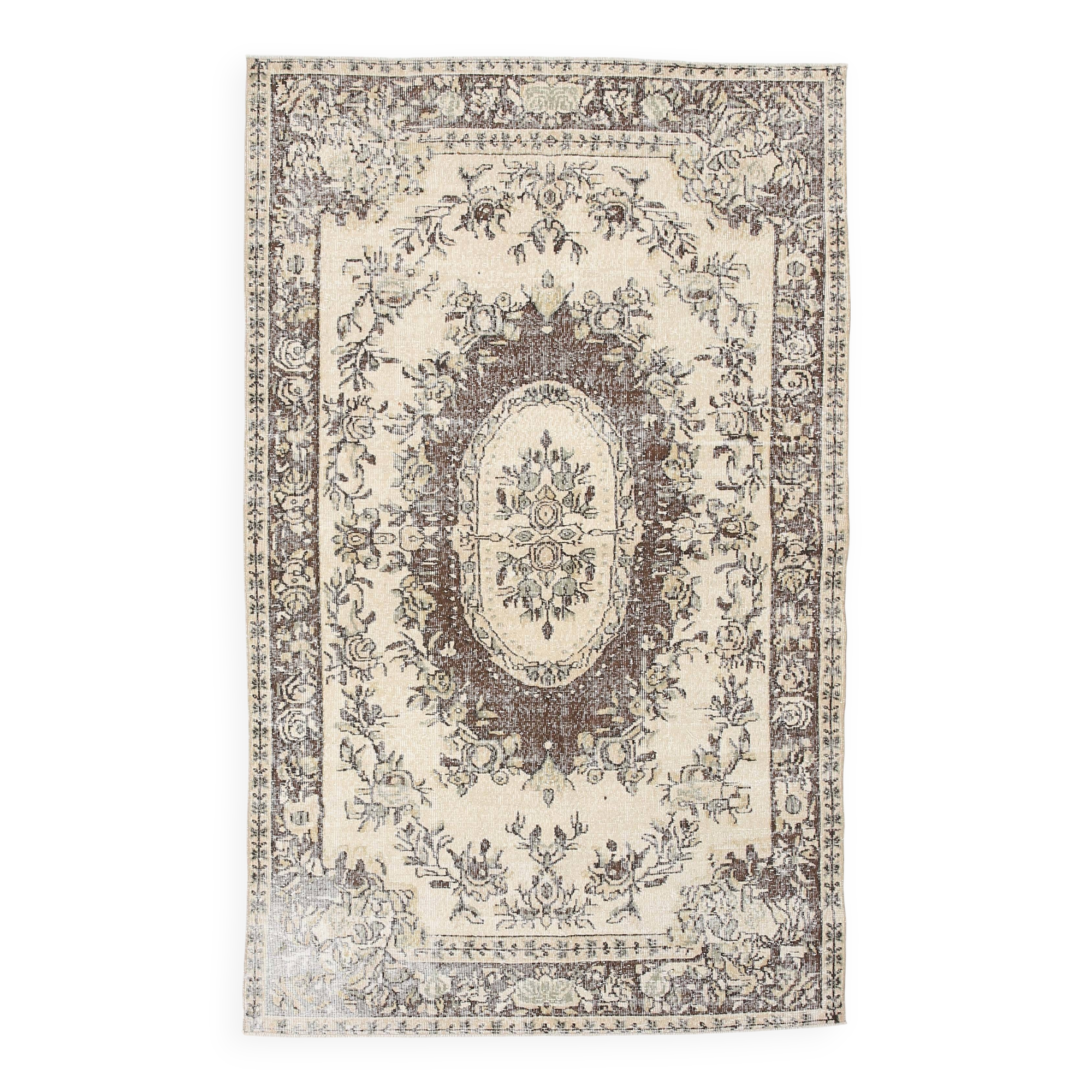 5x9 Cream & Brown Turkish Vintage Rug 162x260Cm SK 24779