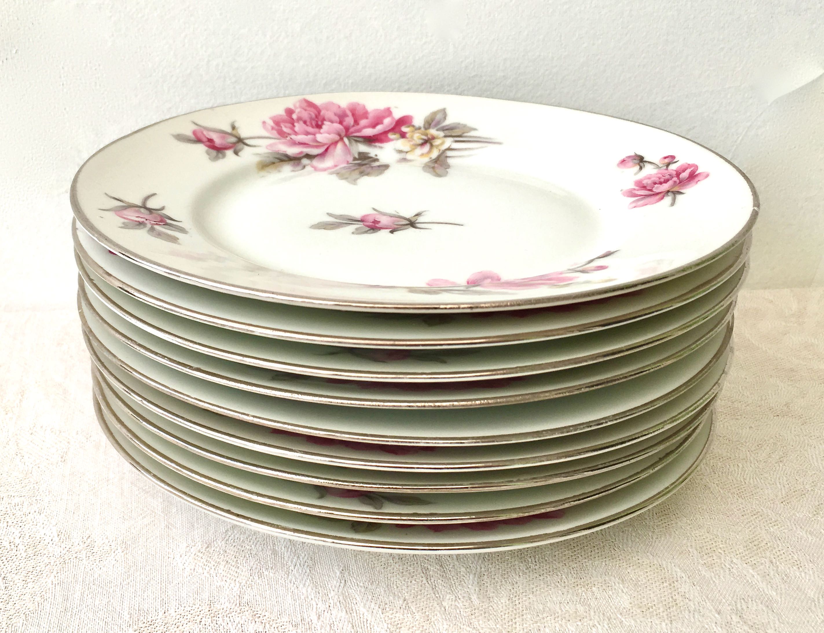 Set of 8 pink peony dessert plates