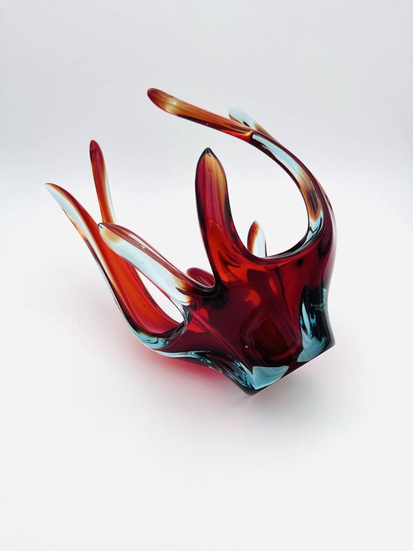 Coup Sculpture Murano Sommerso XXL Couronne Rouge Bleu Signée 1971