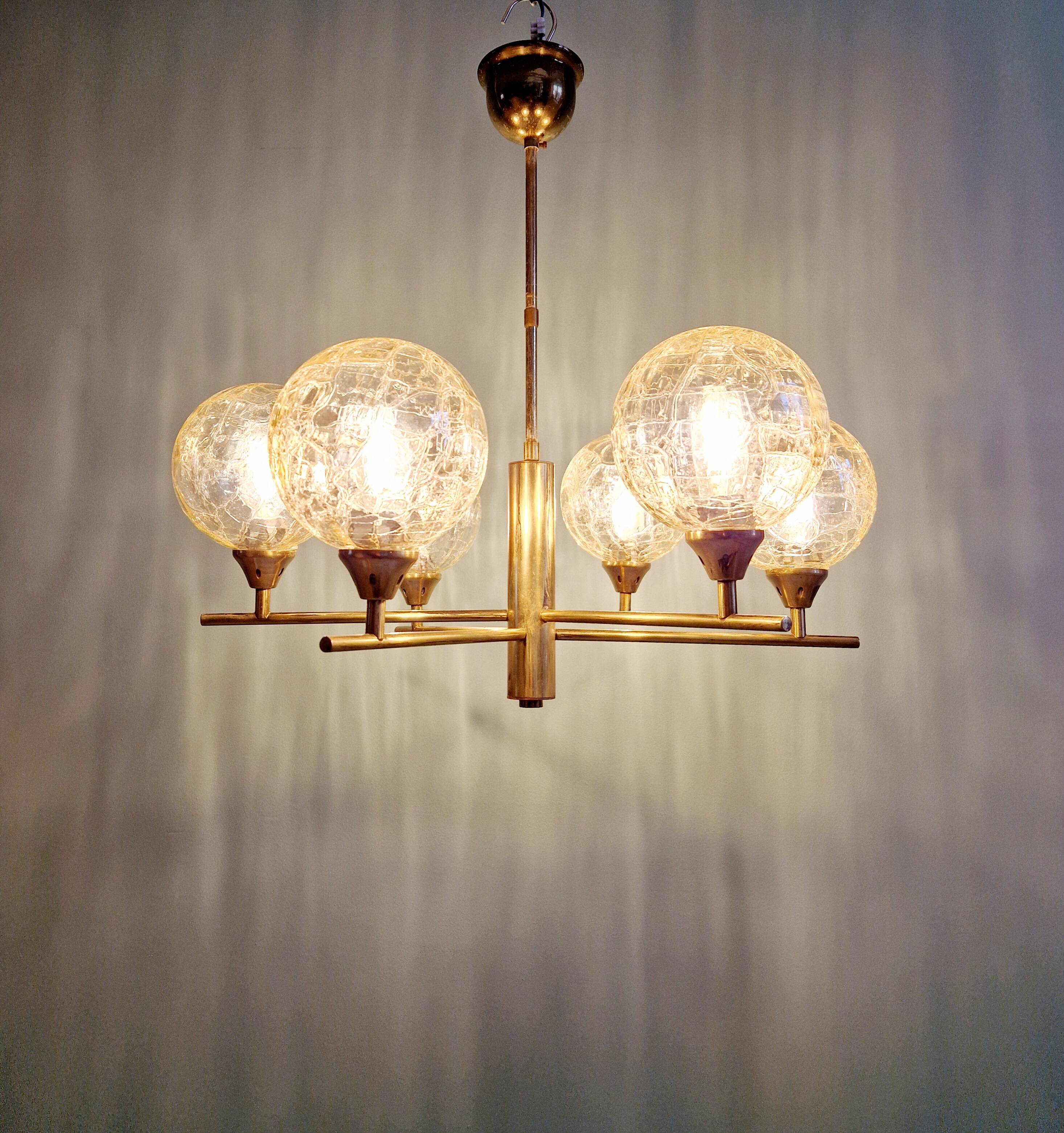 Brass chandelier with amber cracked glass globes, 1950s-60s