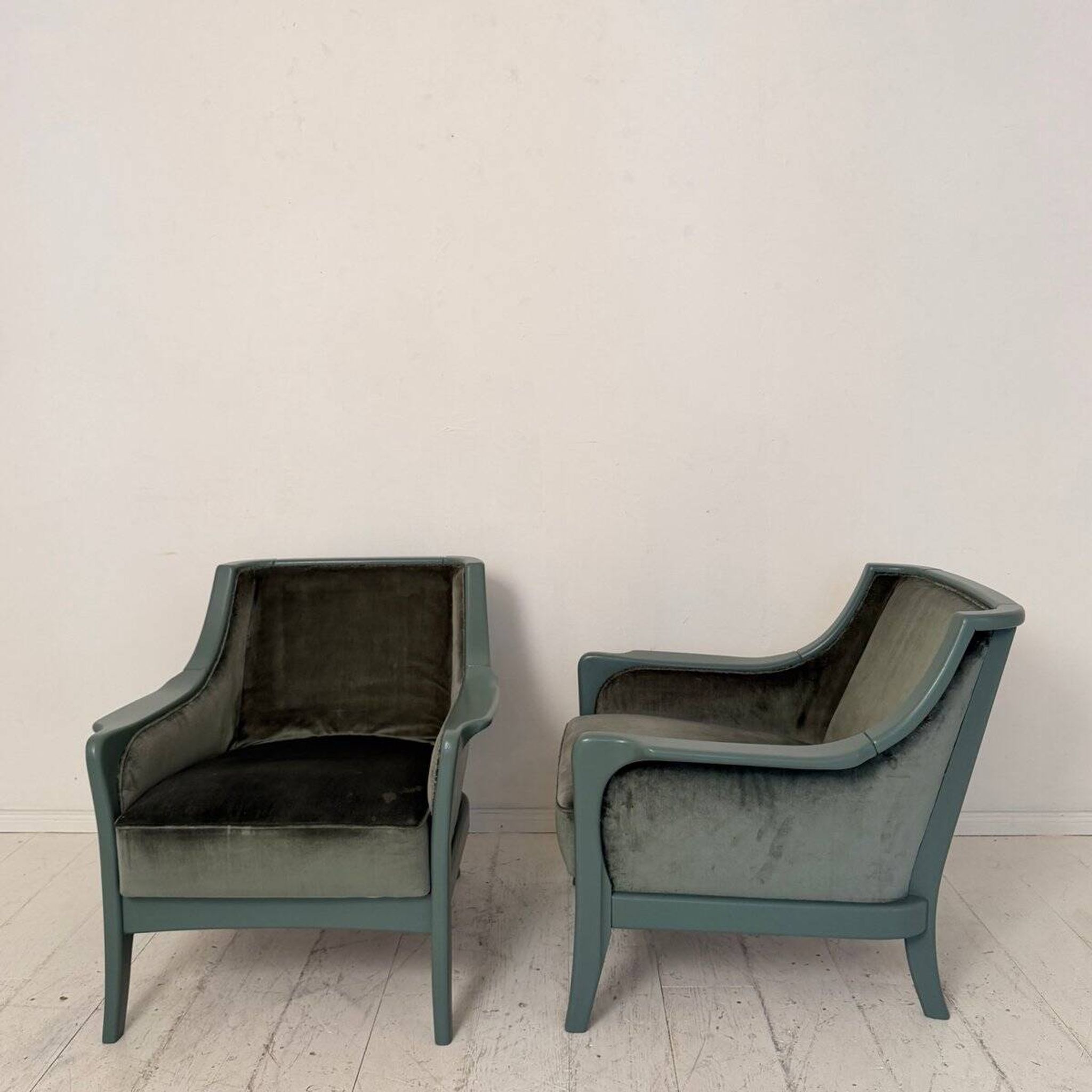 Pair Lounge Chairs in green velvet and lacquered wood, France, 1950