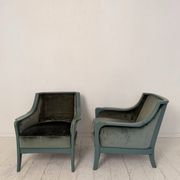 Pair Lounge Chairs in green velvet and lacquered wood, France, 1950