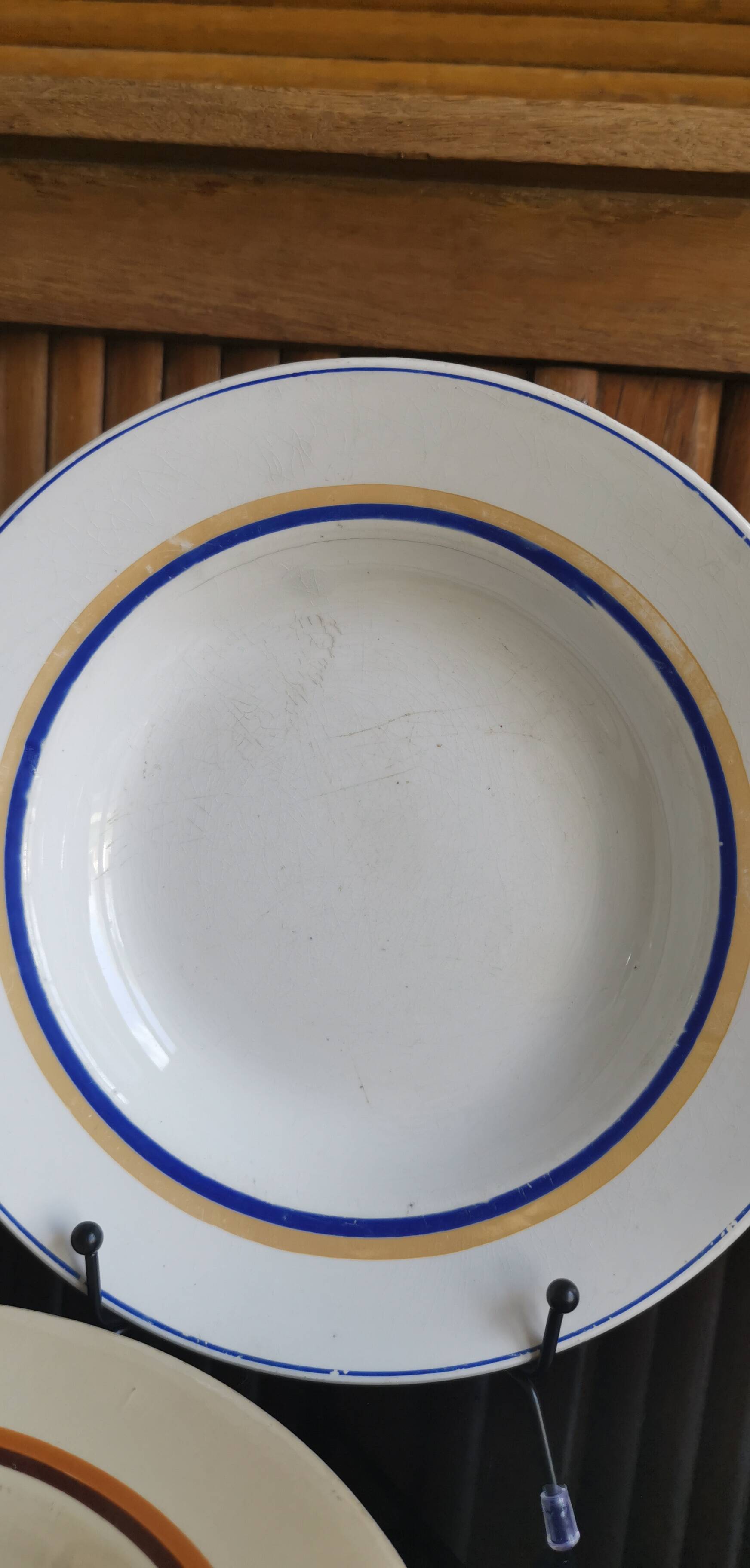 6 old plates mismatched geometric patterns Moulin des Loups, St Amand