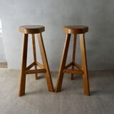 Pair of high bar stools, tripods, in solid wood