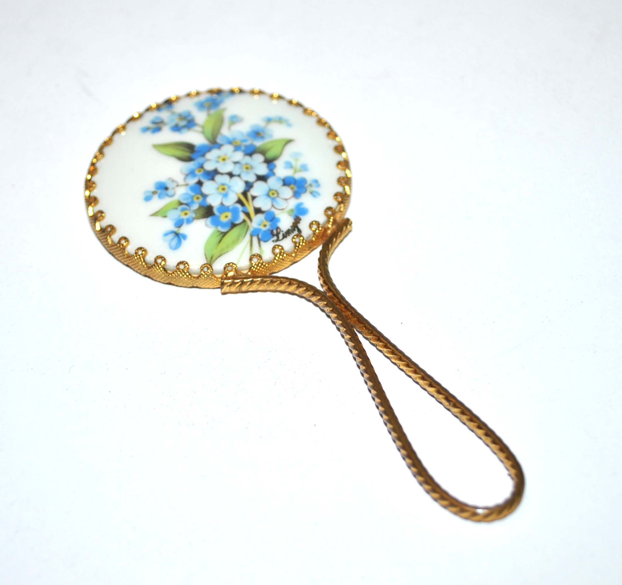 Vintage Gilded Handmirror and Limoges Porcelain - Pocket Mirror / Handbag