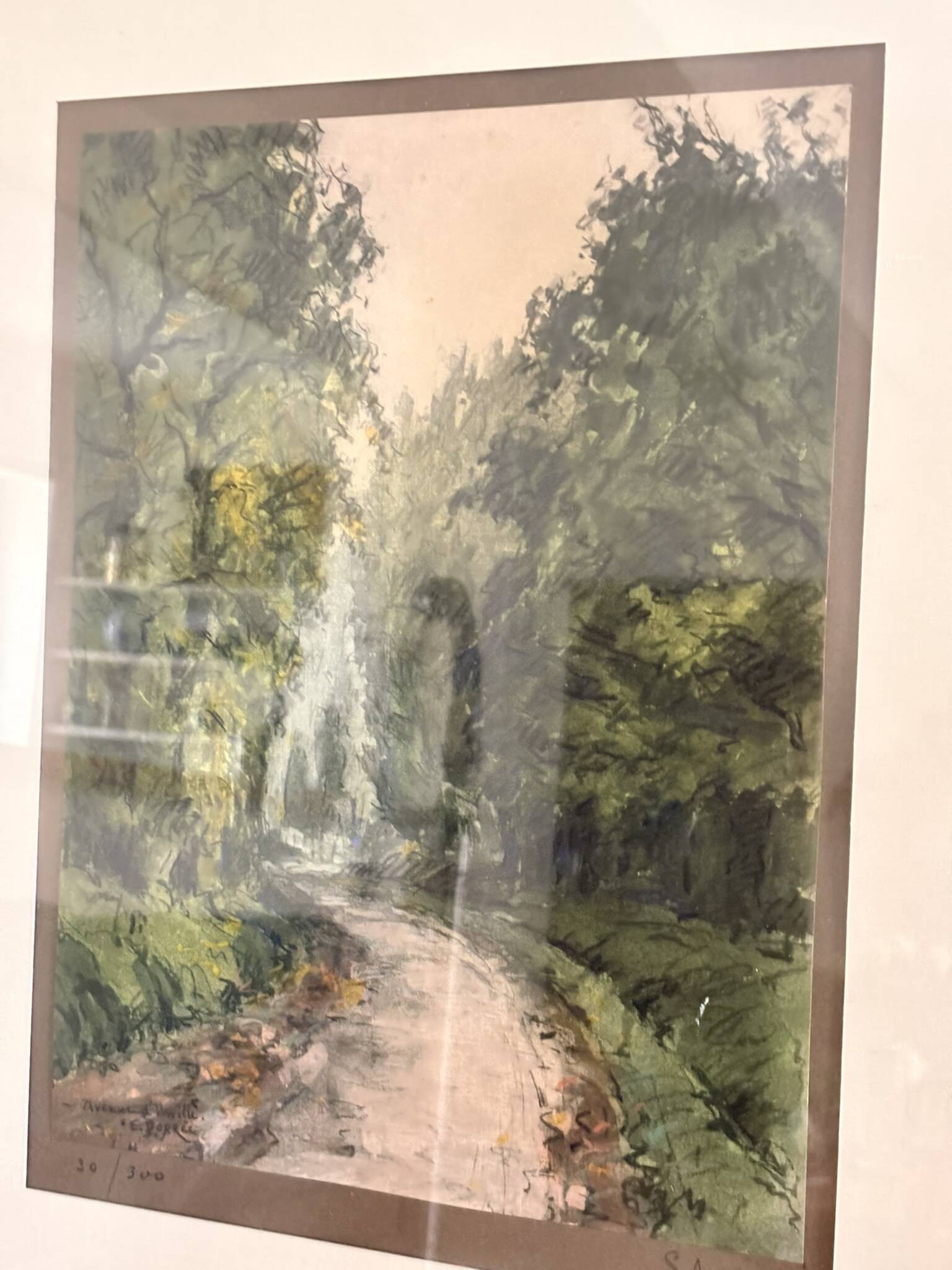 Enhanced Lithographic Engraving Path Under Wood Forest Tree Landscape Gilded