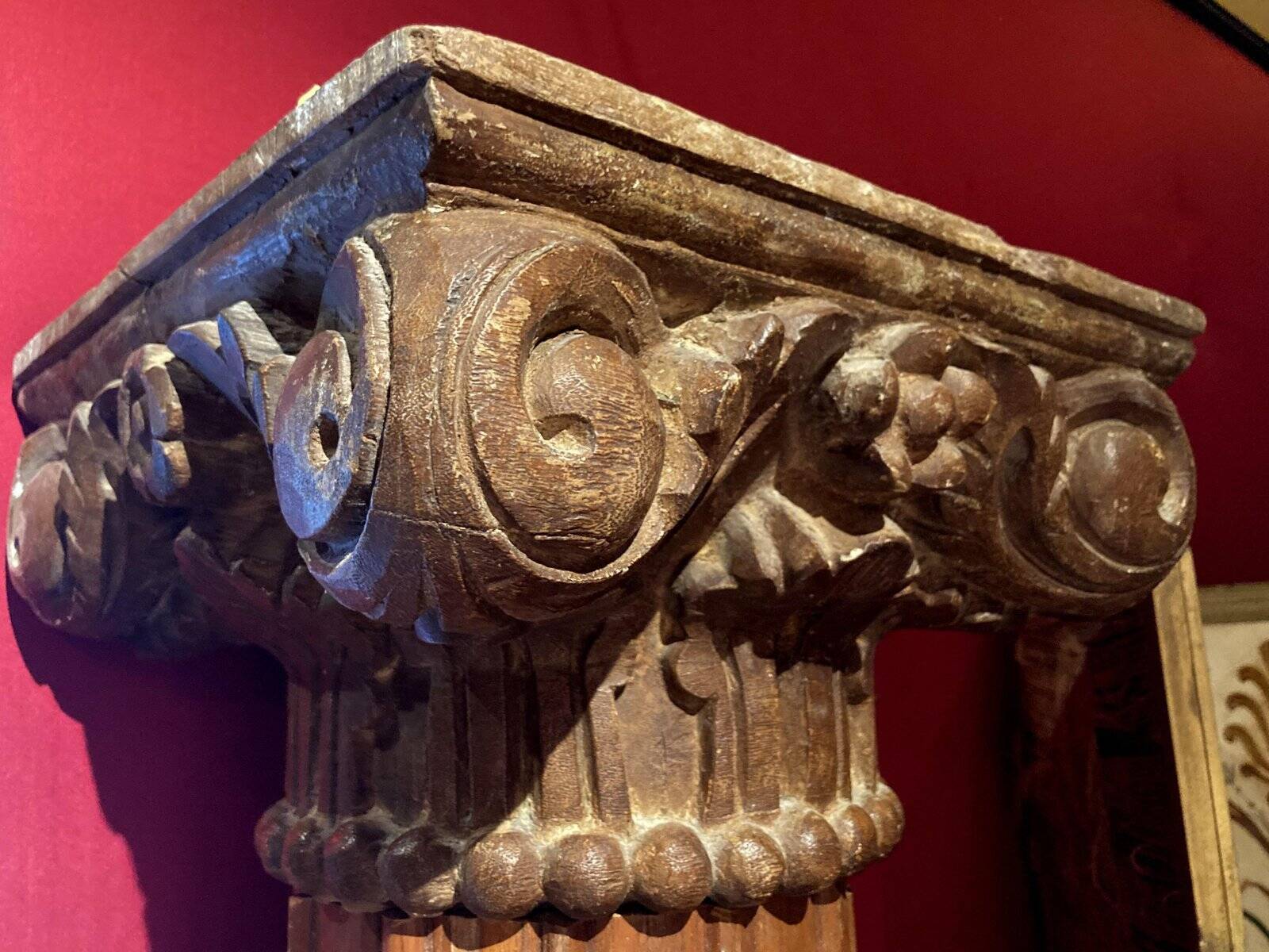 19th Century Italian Architectural Corinthian Wood Columns on Sandstone Plinths, Set of 2