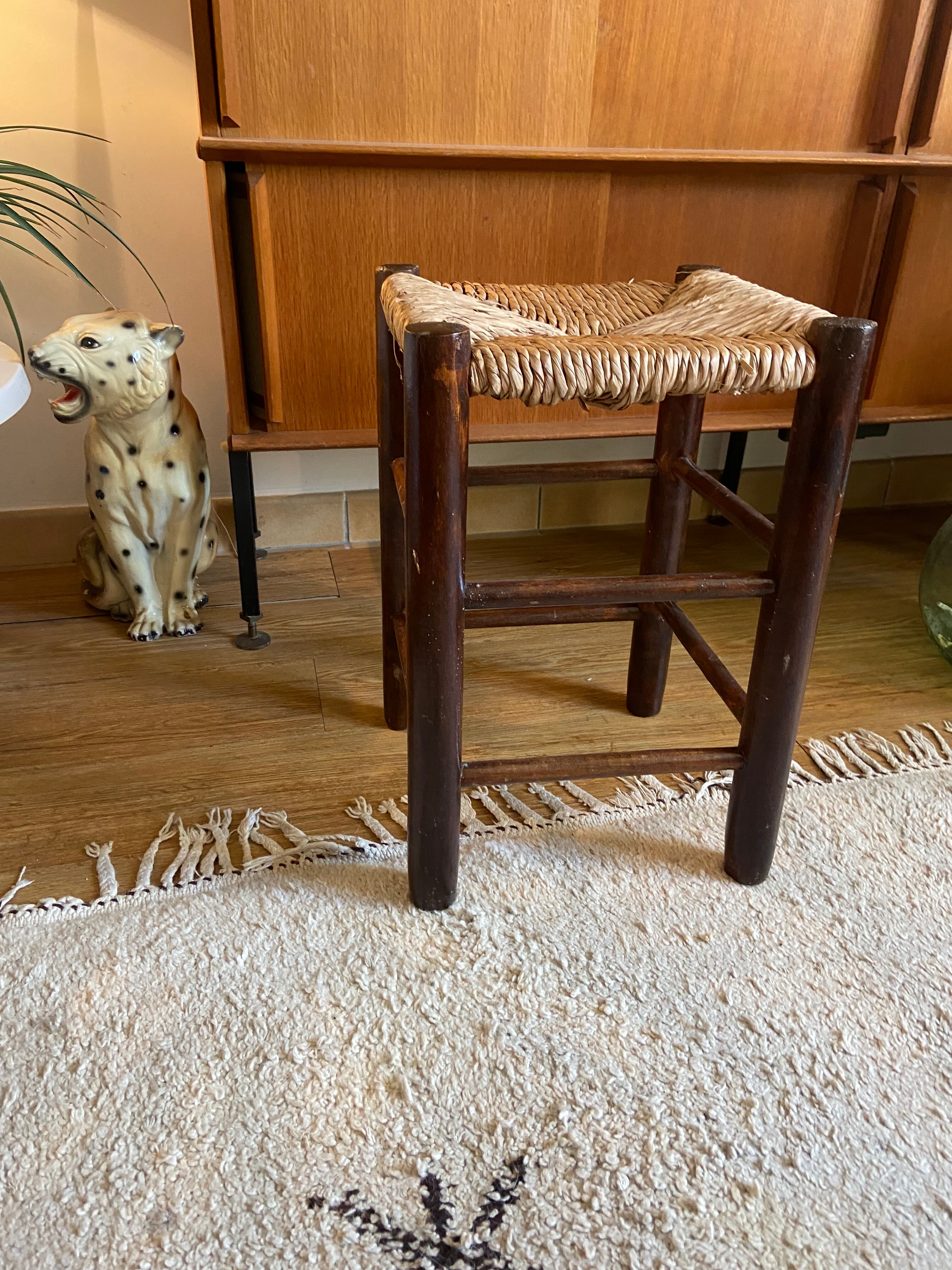 Vintage wooden and straw stool