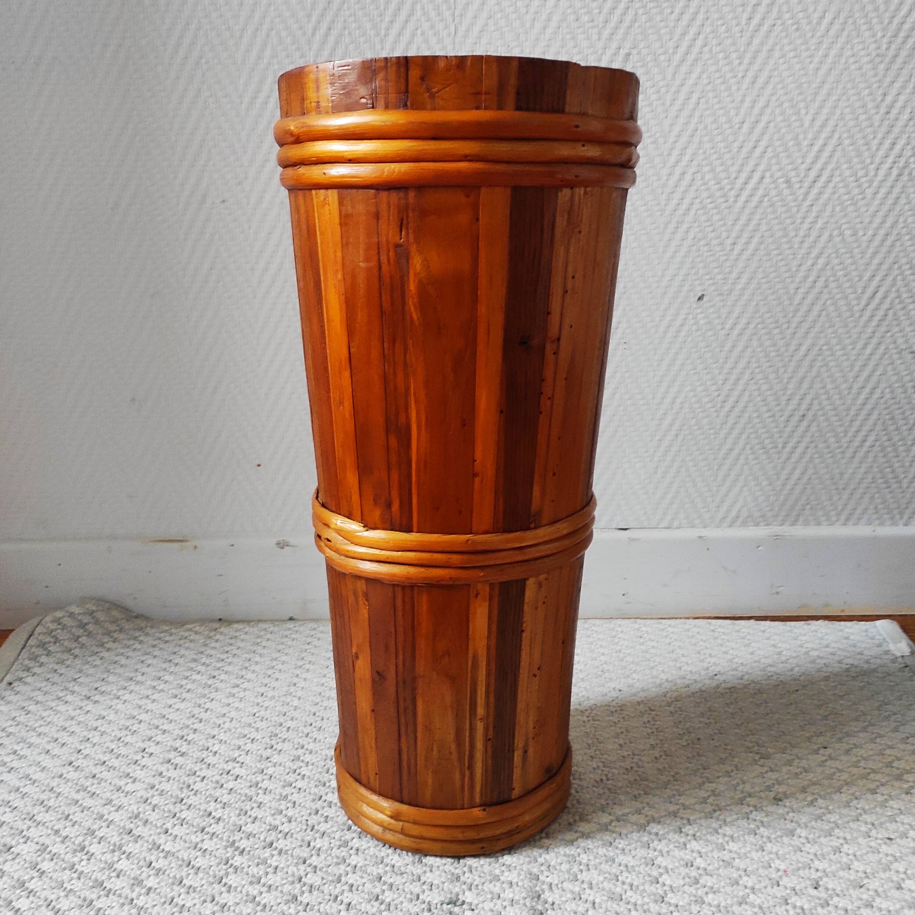 Vintage wooden and rattan umbrella stand