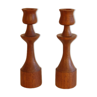 Pair of Scandinavian candle holders in teak 1960