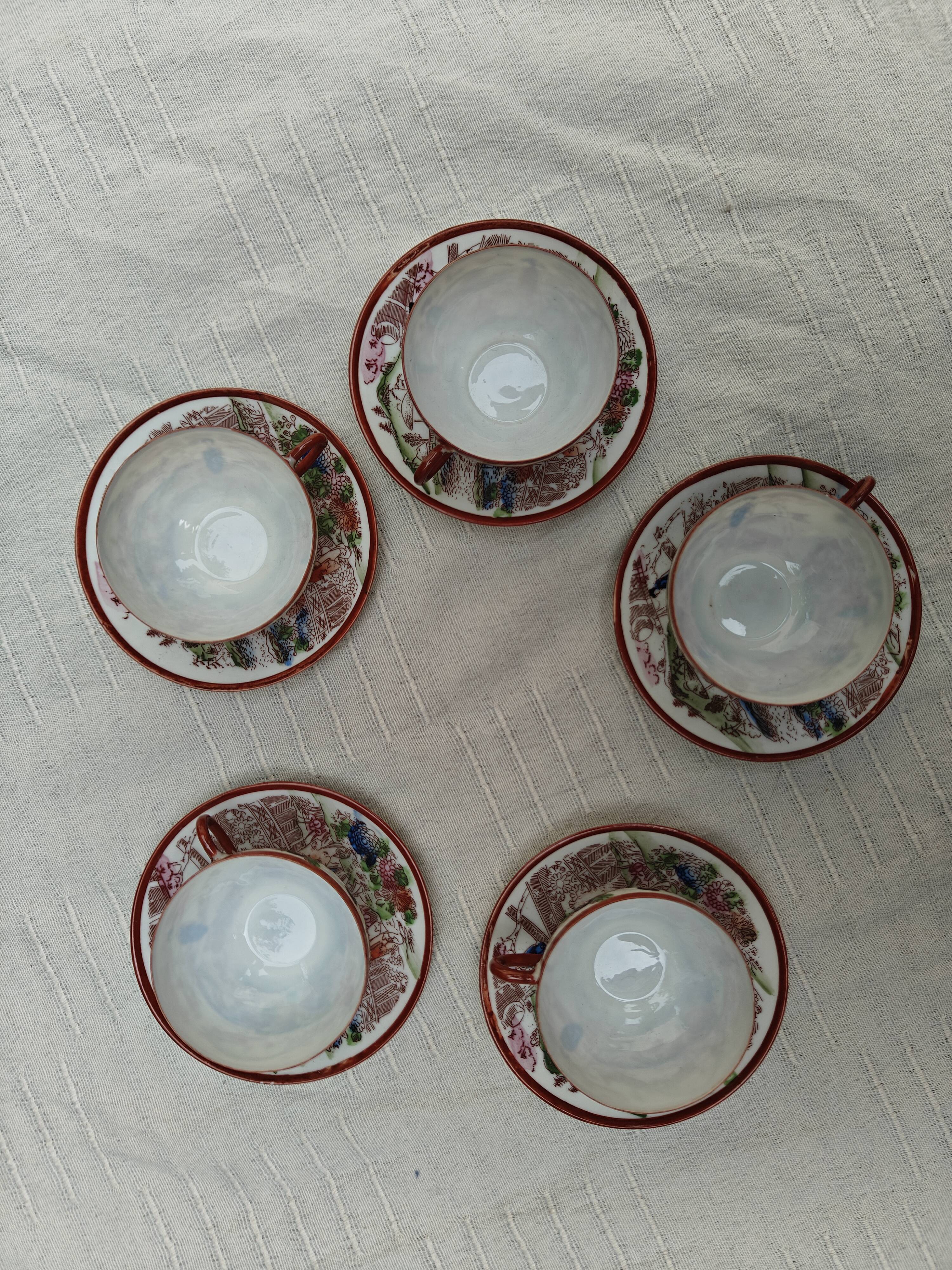 Vintage Japanese tea/coffee service, egg shell porcelain & enamels for 5 people.