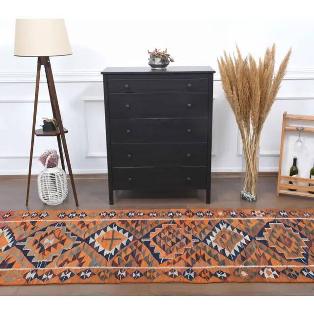 1970s Vintage Turkish Hand-Knotted Wool Cotton Orange Runner Rug 104x338