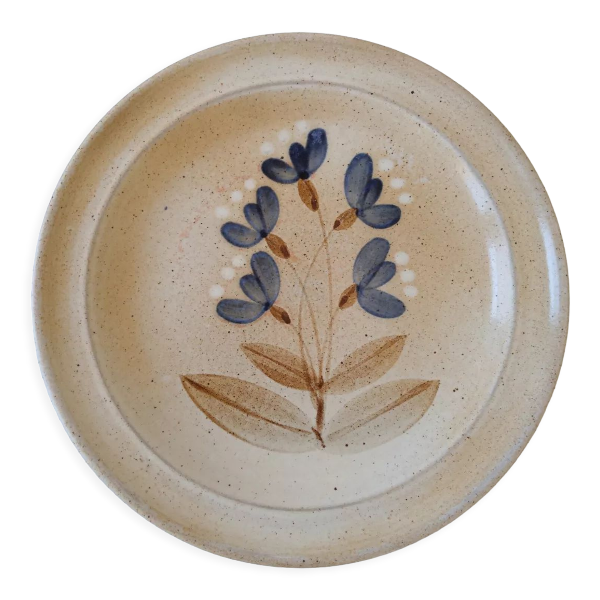 Flat plate in Marais sandstone France beige with blue, white and brown floral decoration