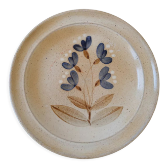 Assiette plate en grès du Marais France beige avec décor floral bleu, blanc et marron
