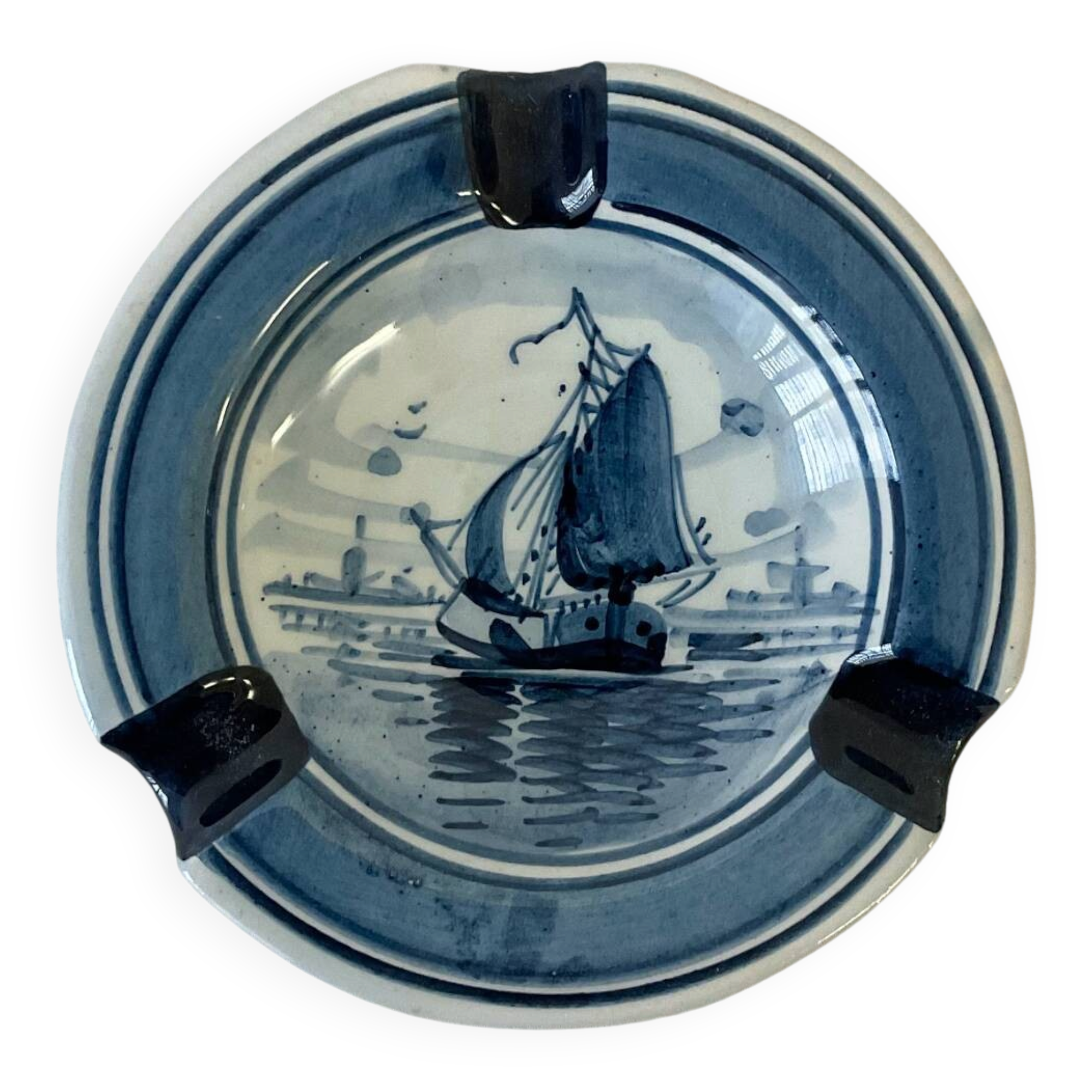 Vintage ashtray Delft Holland 417 Pyramid – blue earthenware with boat decoration