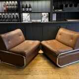 Pair of vintage low chairs, chrome and brown, France 1970
