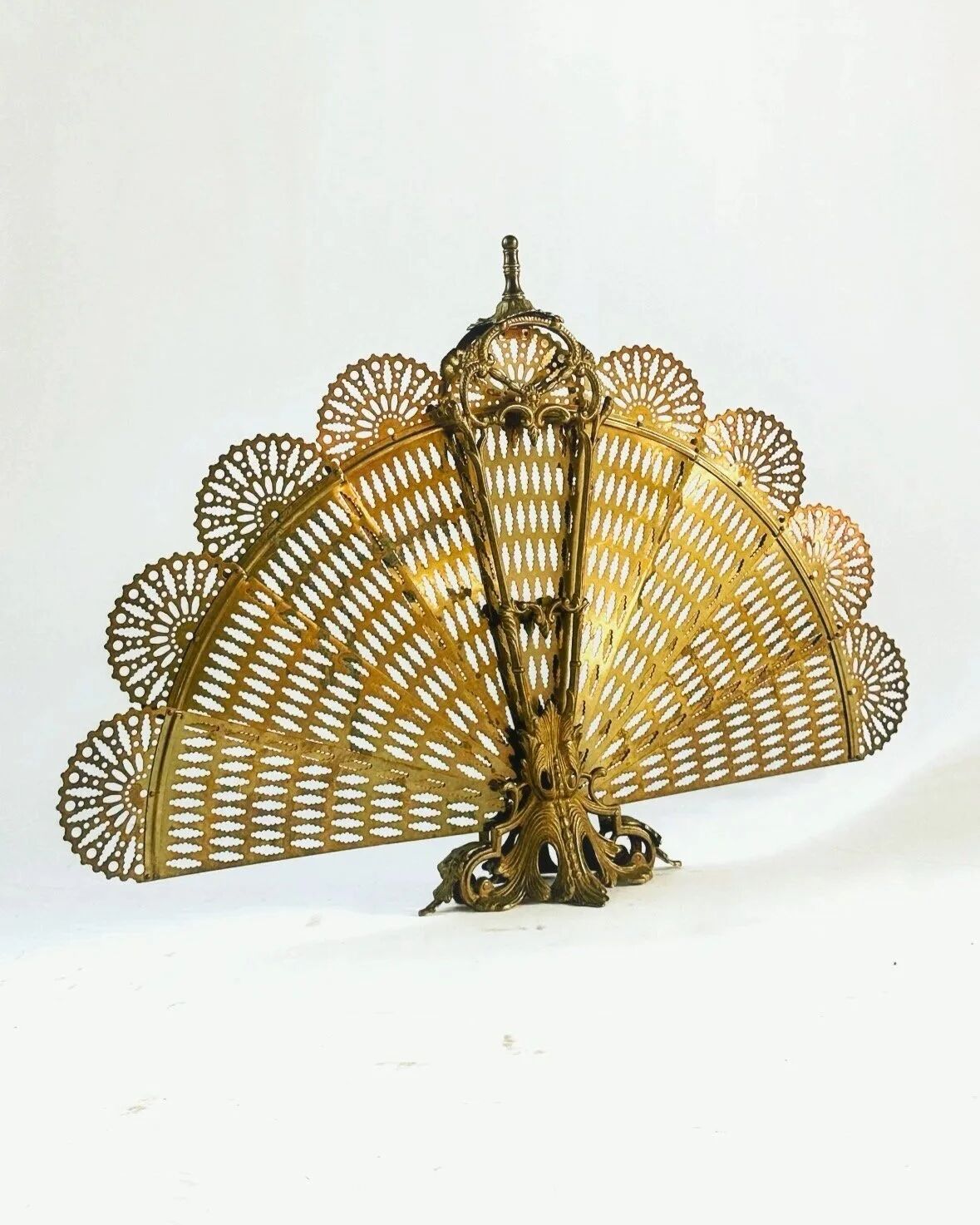 Vintage French brass fire screen, peacock design, 20th century.