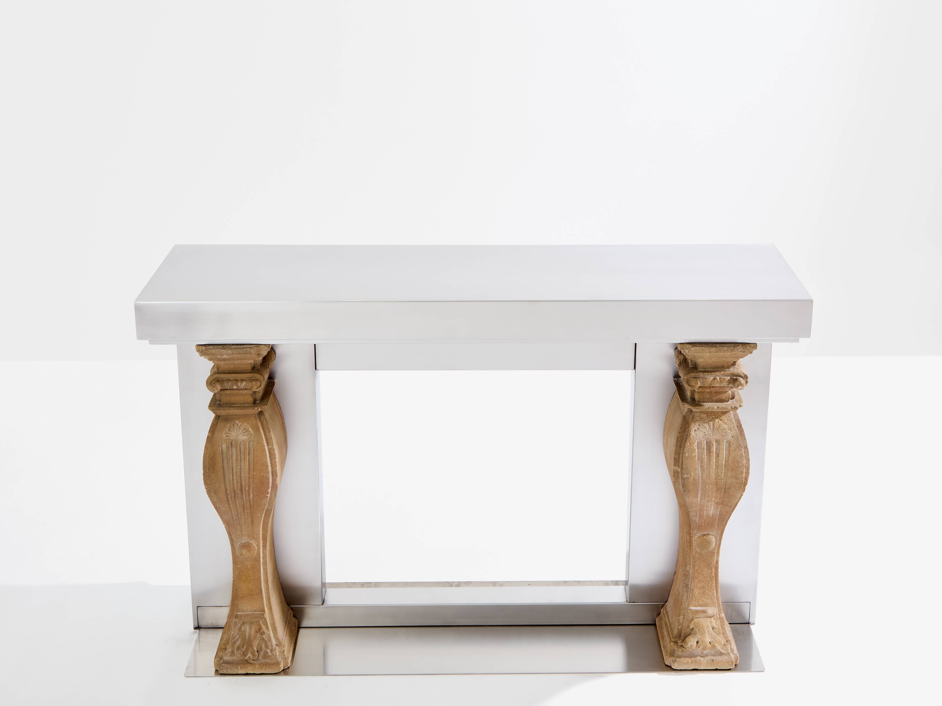 Maison Jansen fireplace mantel brushed steel cut stone 1968