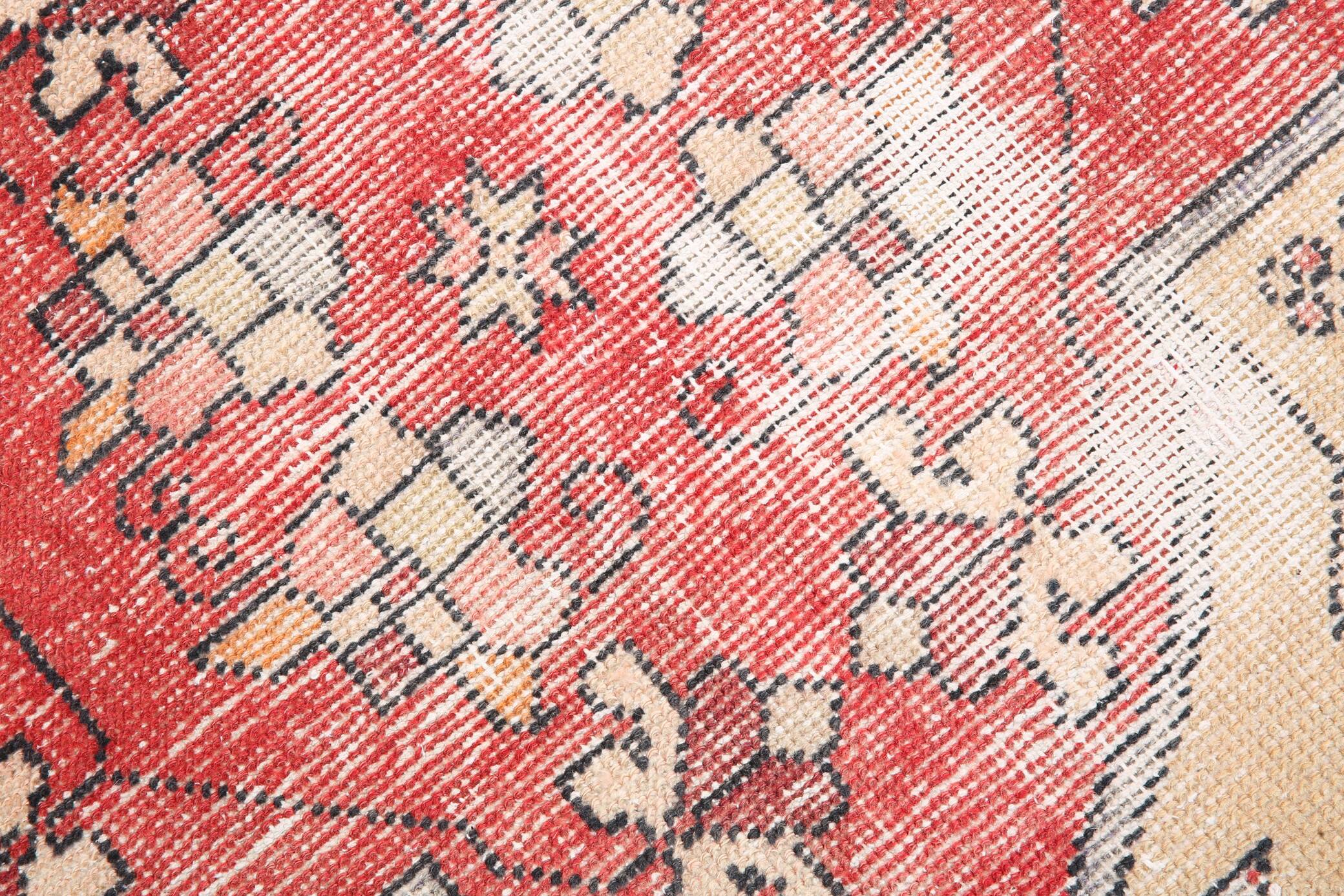 Antique Red Tan Beige Turkish Vintage Rug, 130x247Cm