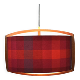 Vintage Teak Pendant Lamp With Red Plaid Shade, Scandinavia 1960's