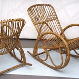 Franco Albini style, pair of rattan and bamboo rocking chairs. Italy 1950s