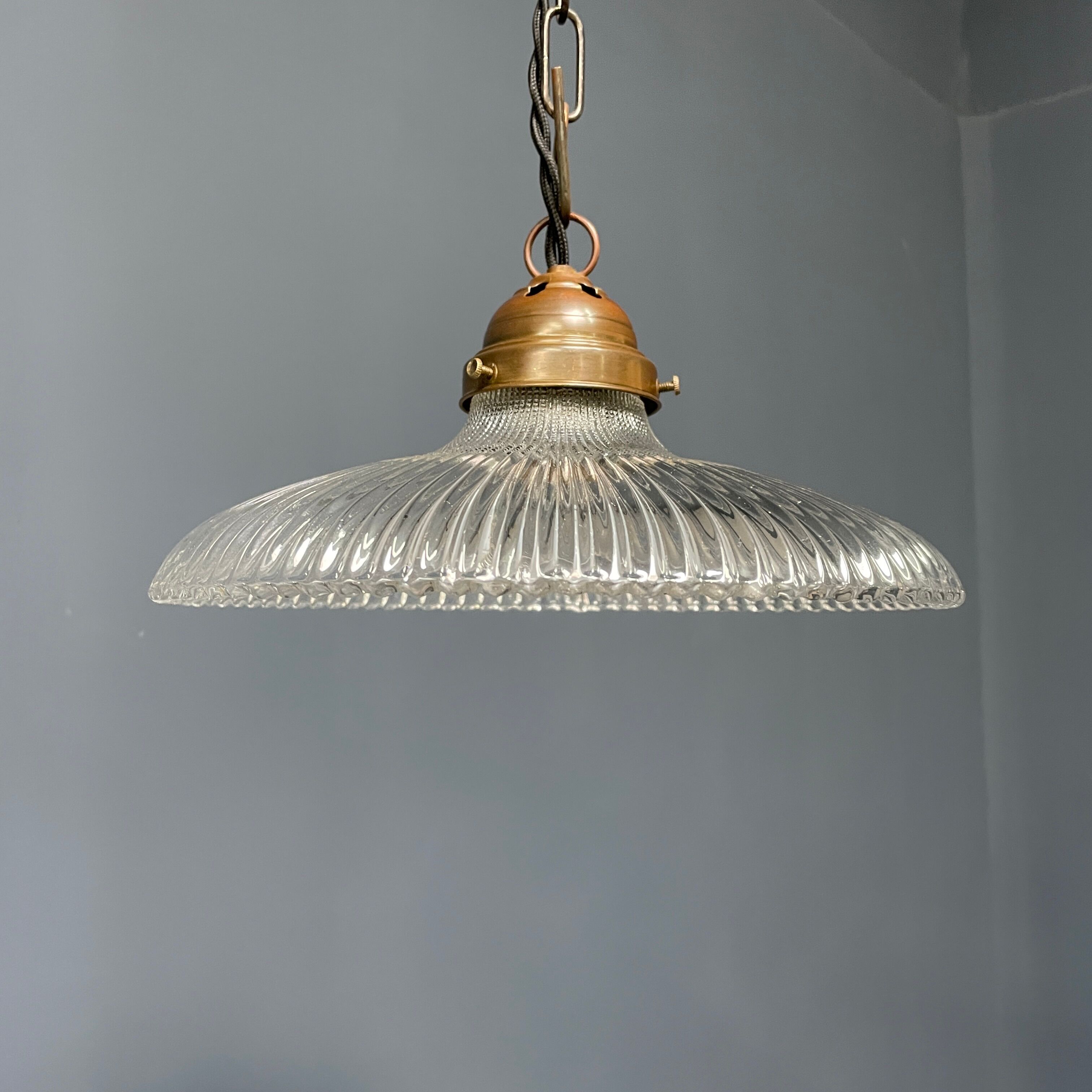Glass holophane hangingor pendant lamp with brass gallery