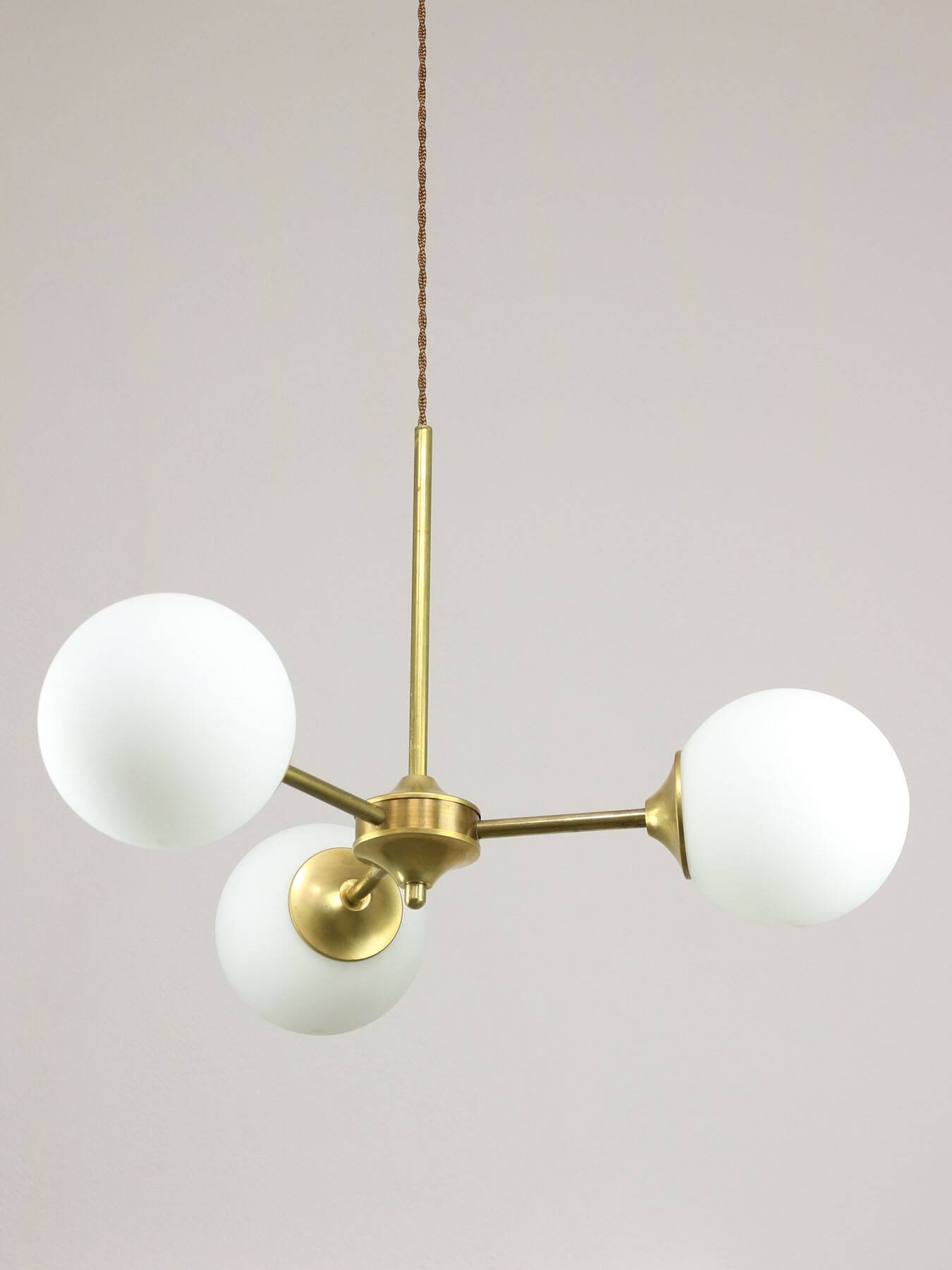 Italian Mid century Modern Chandelier in Brass and Opaline Glass, 1960s