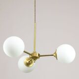 Italian Mid century Modern Chandelier in Brass and Opaline Glass, 1960s