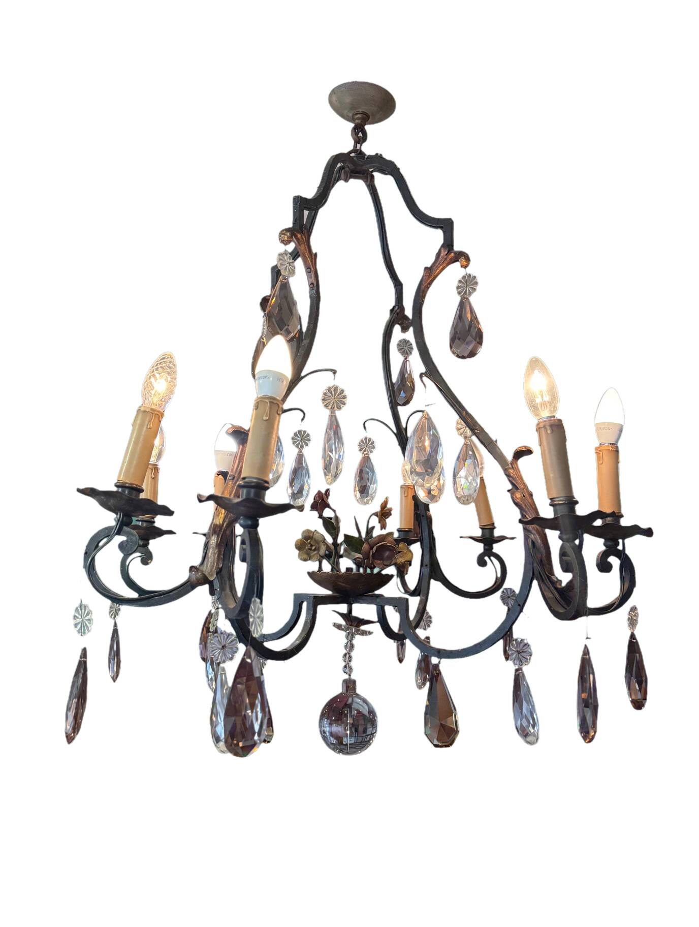 Lustre cage with 8 lights - Louis XV style with flowers 98 X 80