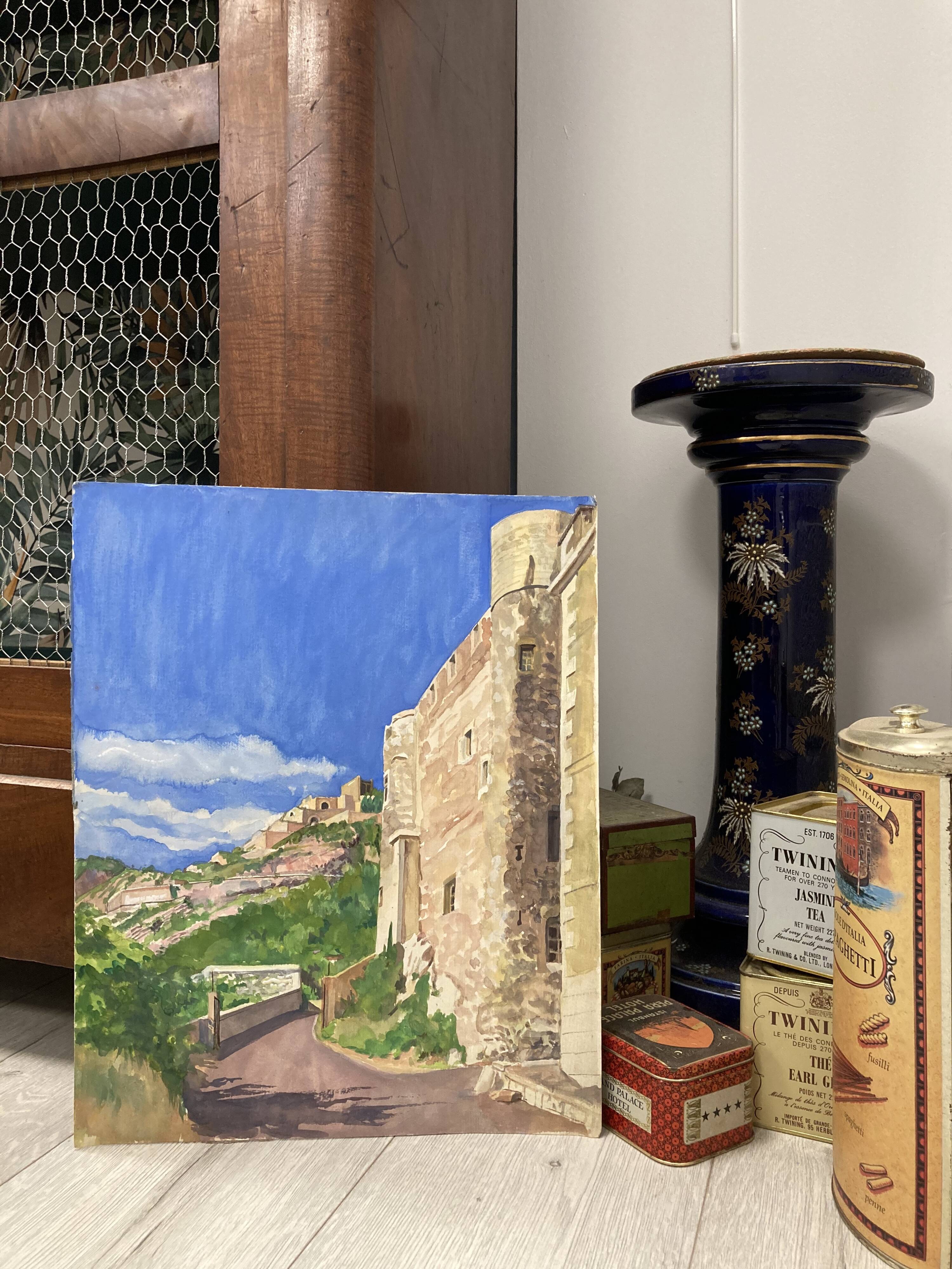 Watercolor Provencal landscape with fortified ramparts