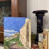 Watercolor Provencal landscape with fortified ramparts