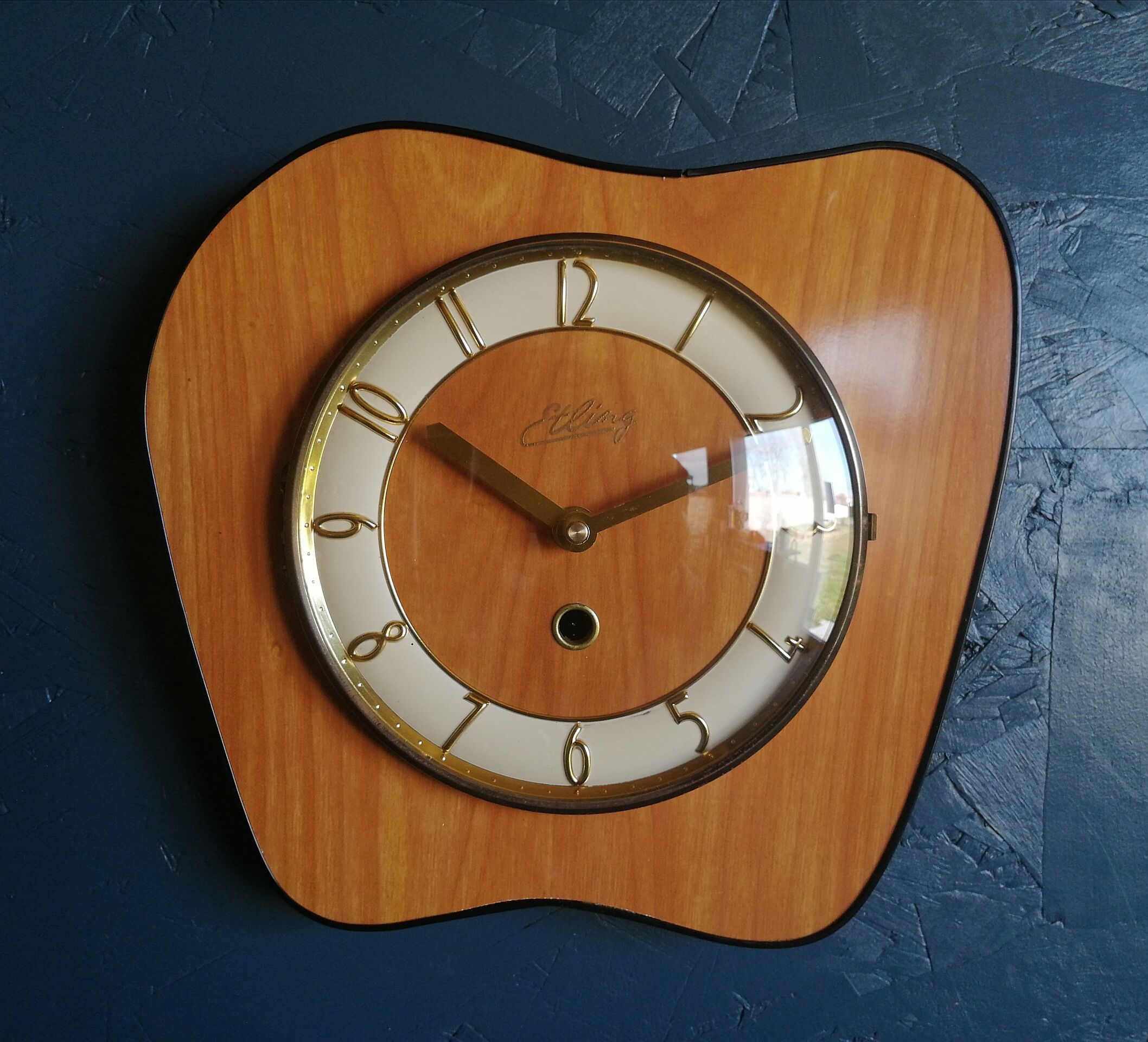 Clock formica vintage asymmetrical silent wall clock "Etling wood"