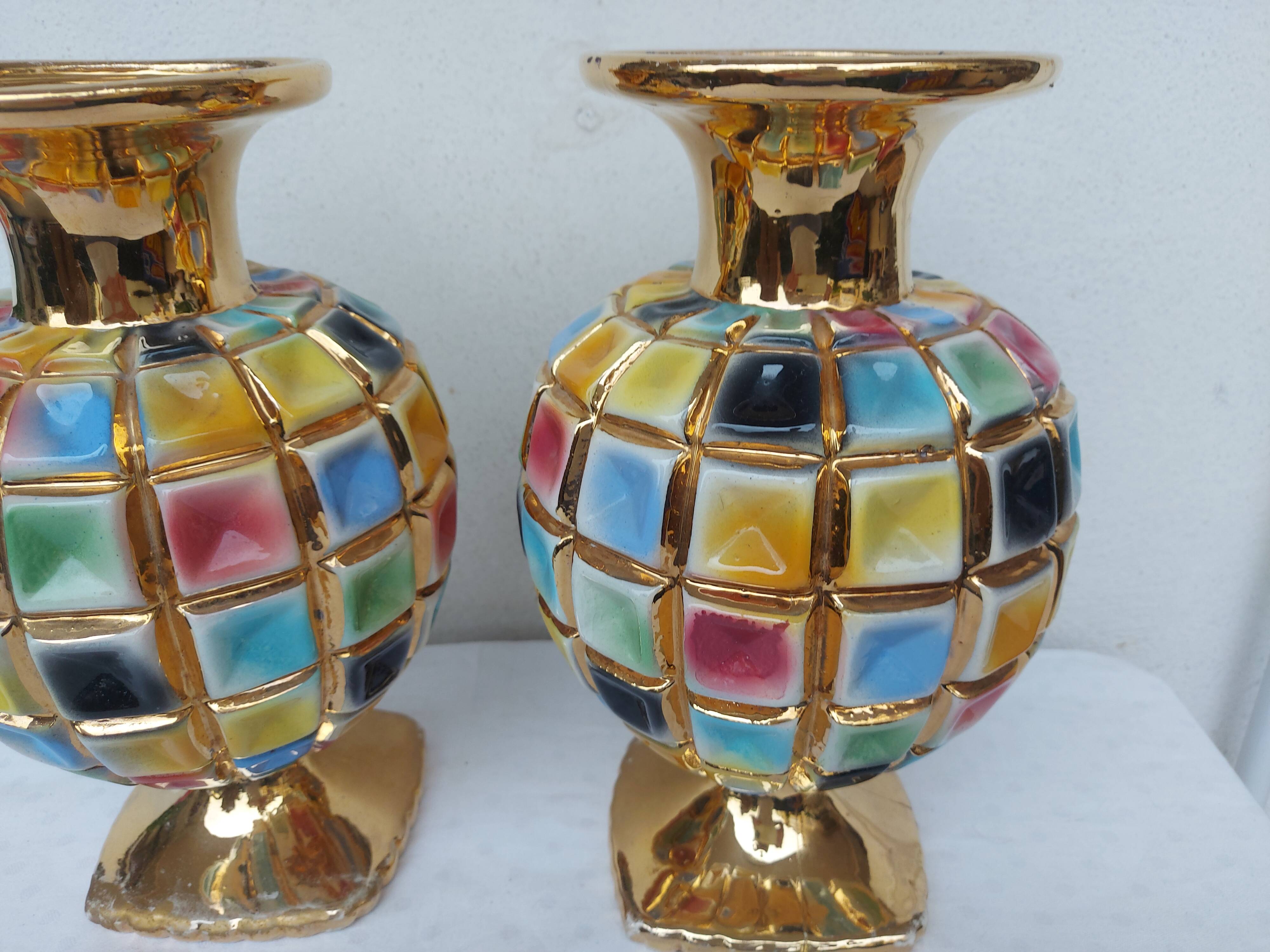 PAIR OF CERAMIC VASES DOREE, POLYCHROME, VINTAGE ITALY 60'S