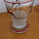 Glasses and carafe decorated with red Christmas reindeer and white granita 60's