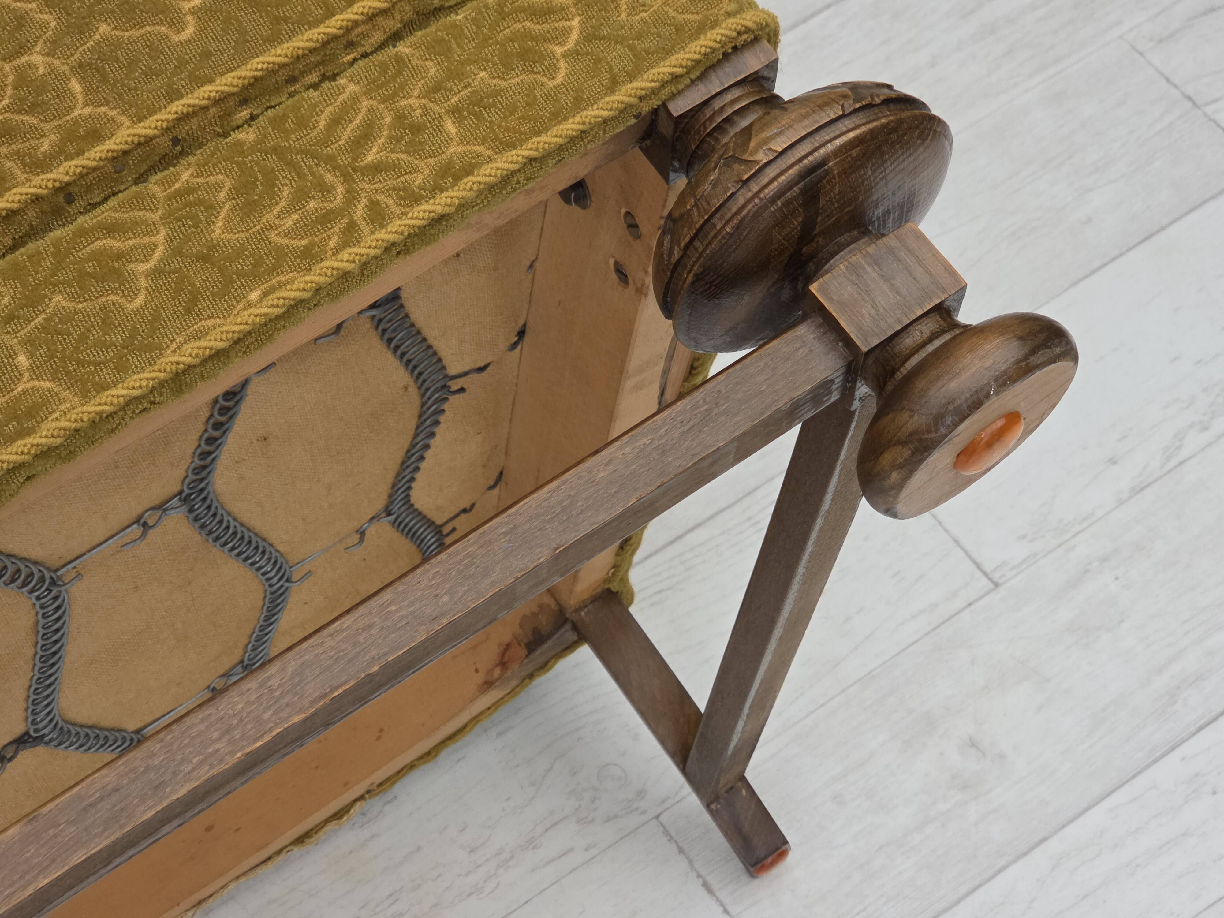 1960s, 3-seater Danish sofa, cotton/wool furniture fabric, solid oak wood.