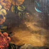 Ecole hollandaise XIXe, huile sur toile. “Bouquet de fleurs sur un entablement”.
