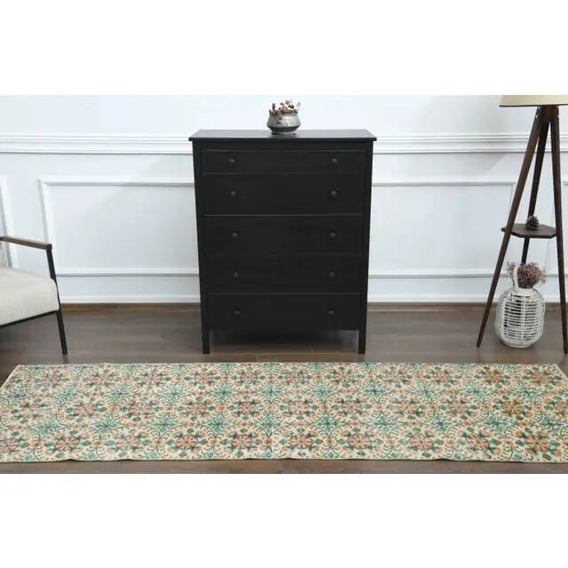 1970s vintage Turkish Oushak handmade wool cotton beige runner rug 85x270