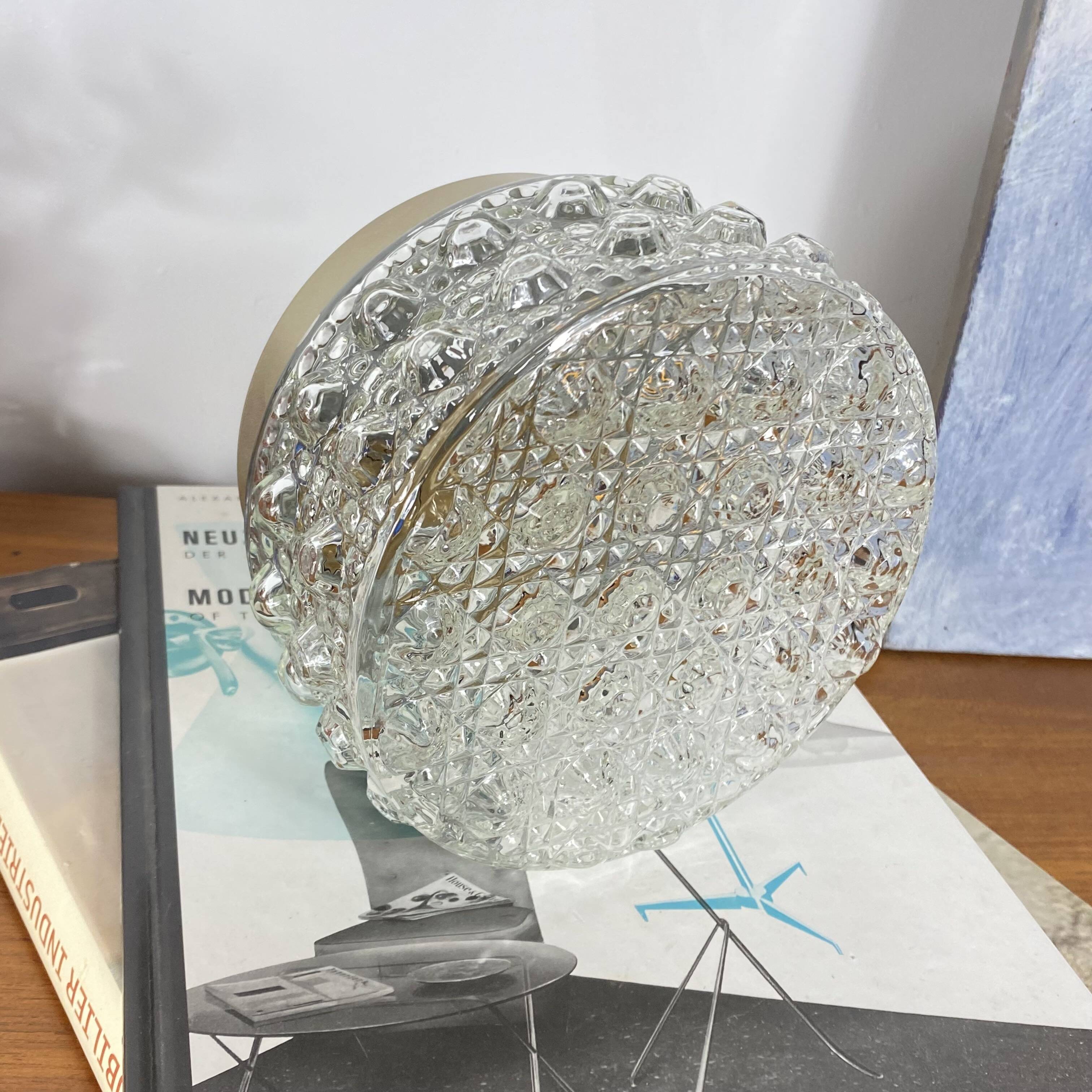 Small round wall light ceiling fixture in glass vintage diamond point.