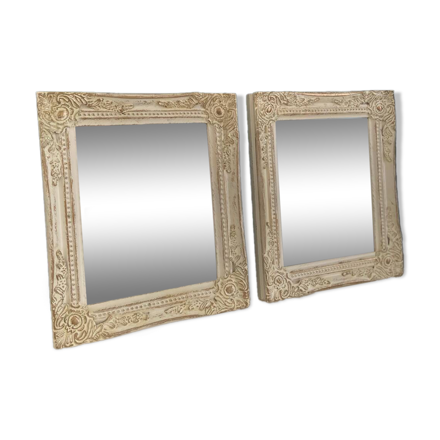Set of two pretty mirrors in white, beige, and gold tones. Bohemian