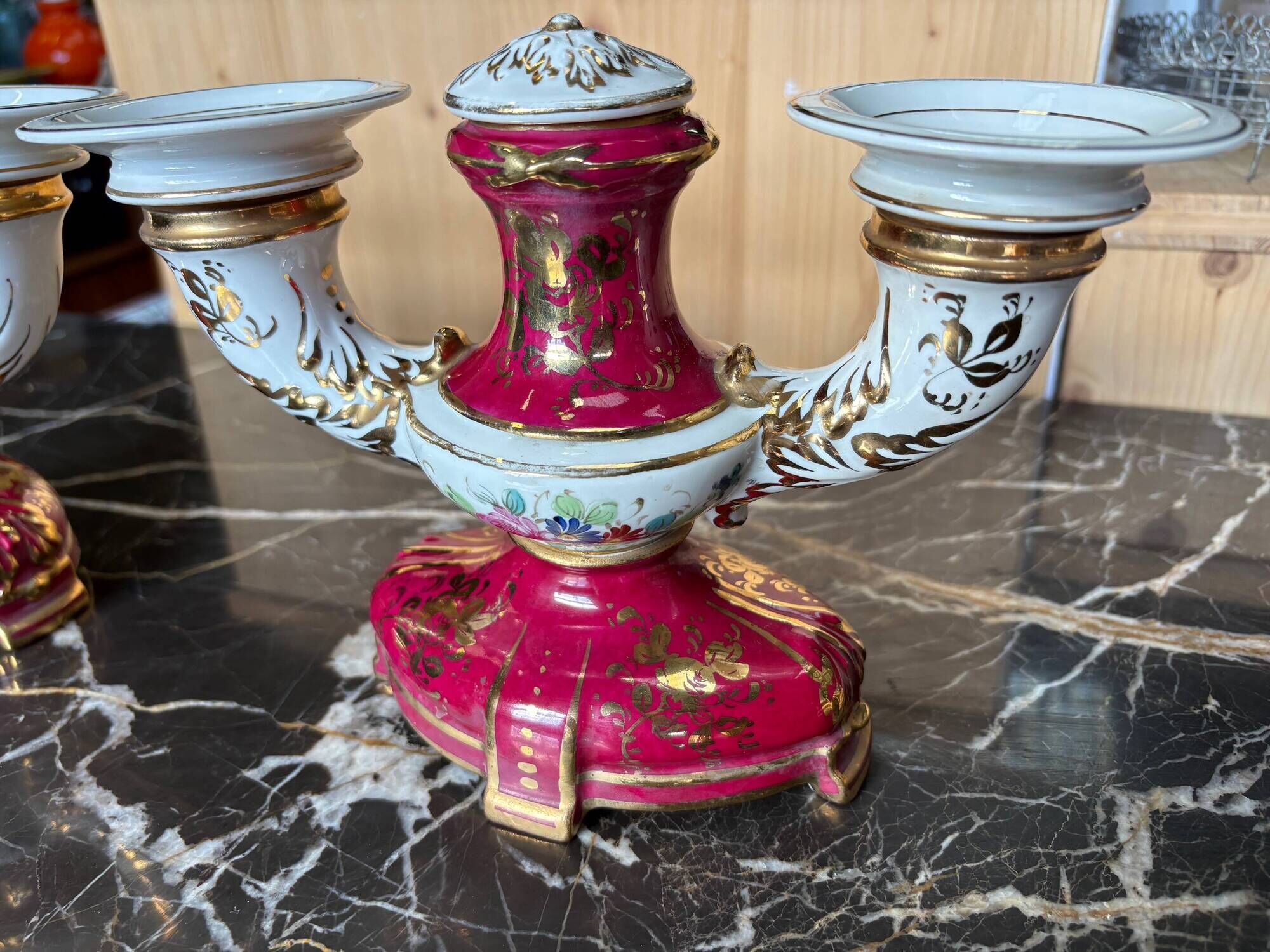 Pair of Limoges porcelain candlesticks with hand-decorated decoration – red and gold